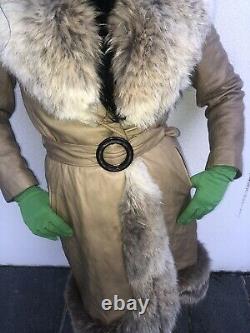 Vintage 60s 70s Leather Fur Trimmed Coat S M Afghan Penny Lane Glamour Disco Tan