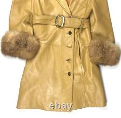 Vintage 60s Womens 10 Tan Mustard Leather Coat Jacket Fur Trim HTF Retro Long