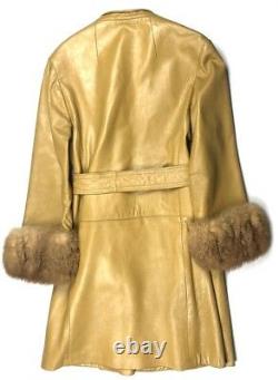 Vintage 60s Womens 10 Tan Mustard Leather Coat Jacket Fur Trim HTF Retro Long