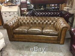 Vintage 70's Hand Dyed Tan / Light Brown Tetrad Leather Chesterfield 3 Seat Sofa