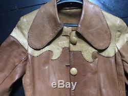 Vintage 70's tan gold leather large collar single breasted coat