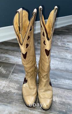 Vintage 70s 80s Justin Heart Boots 4124 Tan Brown Size 7 Tall Sexy Rockabilly