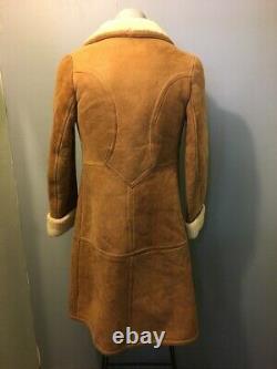 Vintage 70s 80s Ladies Sheepskin Shearling Long Leather Coat Womens S Jacket Tan