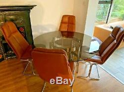Vintage 70s Glass Table Metal Base & 4 Tan Leather Club Lounge Dining Chair Set