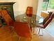 Vintage 70s Glass Table Metal Base & 4 Tan Leather Club Lounge Dining Chair Set