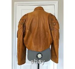 Vintage 80s Womens Tan leather cowboy Rodeo biker jacket size 12/14