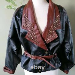 Vintage 80s butter soft tan Black. Studded batwing leather jacket lined 14 16
