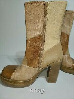 Vintage 90's STEVE MADDEN Tan Leather Fur Patchwork Chunky Platform Boots 6.5