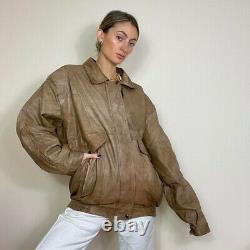 Vintage 90s tan brown leather oversized bomber jacket