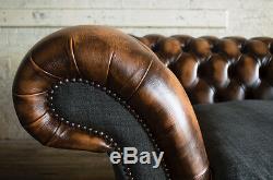Vintage Antique Tan Leather & Grey Wool Chesterfield Snuggle Chair, Love Seat