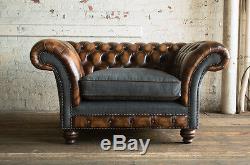 Vintage Antique Tan Leather & Grey Wool Chesterfield Snuggle Chair, Love Seat