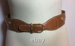 Vintage Authentic CELINE Logo Buckle Belt Dark Tan Leather Gold EVC