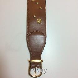 Vintage Authentic CELINE Logo Buckle Belt Dark Tan Leather Gold EVC