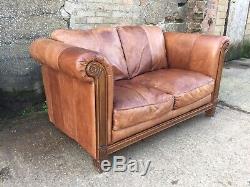 Vintage Barker & Stonehouse Chesterfield Distressed Aged Tan Leather Club Sofa