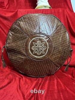 Vintage Bohemian Tan Leather Pouffe With Symbolistic Aztec Decoration