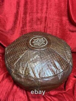 Vintage Bohemian Tan Leather Pouffe With Symbolistic Aztec Decoration
