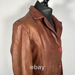 Vintage Brown Dark Tan Leather Trench Coat Jacket Collar 3 Buttons Women's 12 M