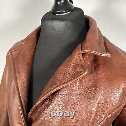 Vintage Brown Dark Tan Leather Trench Coat Jacket Collar 3 Buttons Women's 12 M