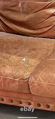 Vintage Brown Leather Sofa with Studs Reasonable Condition