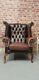 Vintage Brown Tan Leather Chesterfield Wing Back Chair Queen Anne