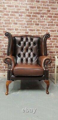 Vintage Brown Tan Leather Chesterfield Wing Back Chair Queen Anne