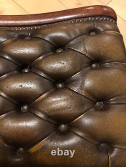 Vintage Brown leather Chesterfield Saddle Stool Studded Footstool Antique Tan