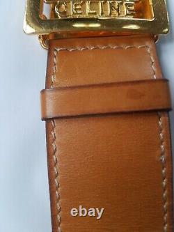 Vintage CELINE Tan LEATHER CUFF Bracelet Bangle w Carriage Buckle Closure