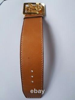 Vintage CELINE Tan LEATHER CUFF Bracelet Bangle w Carriage Buckle Closure