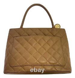 Vintage CHANEL Tan Quilted Caviar Leather Medallion Tote Bag Made in France