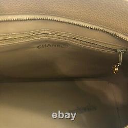 Vintage CHANEL Tan Quilted Caviar Leather Medallion Tote Bag Made in France