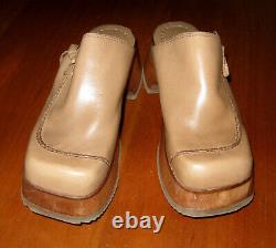 Vintage Candie's Chunky Clogs Tan Leather Platform Wood Block Heel Women's Sz 9M