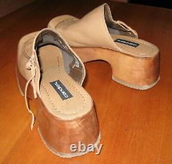 Vintage Candie's Chunky Clogs Tan Leather Platform Wood Block Heel Women's Sz 9M