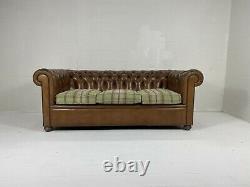 Vintage Chesterfield Aged Tan Leather 3 Seater Sofa with Green Check Cushions