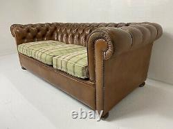 Vintage Chesterfield Aged Tan Leather 3 Seater Sofa with Green Check Cushions