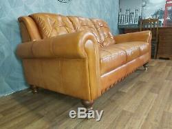 Vintage Chesterfield Distressed Tan Brown Leather Club Sofa 3 Seater