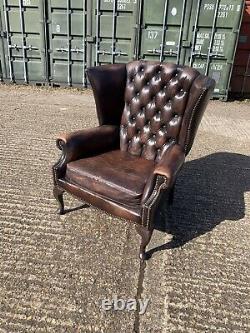 Vintage Chesterfield Wing Back Chair Leather Tan Office Man Cave Pub