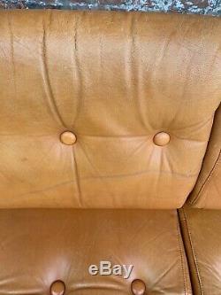 Vintage Continental Tan Brown Leather 3-seater Settee Vintage Leather Sofa