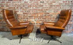 Vintage Danish 1970 Pair of Armchairs Tan Leather