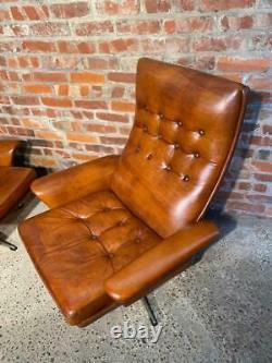 Vintage Danish 1970 Pair of Armchairs Tan Leather