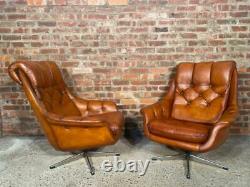 Vintage Danish 1970 Pair of Swivel Armchairs Tan Leather
