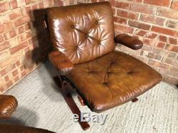 Vintage Danish 1970 Tan Pair of Armchairs Leather with Bentwood Frame