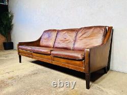 Vintage Danish 1970 s Patinated Tan Three Seater Leather Sofa #499