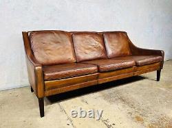 Vintage Danish 1970 s Patinated Tan Three Seater Leather Sofa #499