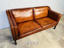 Vintage Danish Hurup 70 s Mid Century Patinated Tan Two Seater Leather Sofa