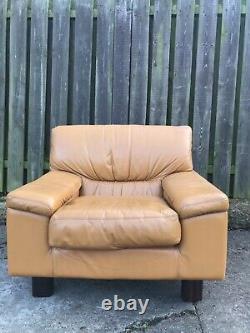 Vintage Danish Mid Century Leather Chair Mustard Yellow Tan Leather Chair 1970s