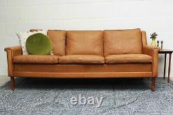 Vintage Danish Tan Leather 1960s Three Seater Sofa Midcentury