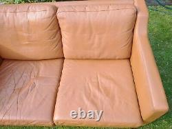 Vintage Danish style tan leather 2 seater small sofa
