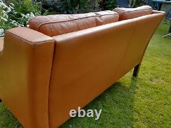 Vintage Danish style tan leather 2 seater small sofa
