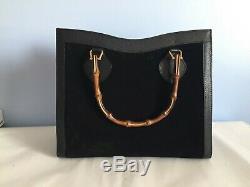 Vintage Diana Gucci black Tan Brown leather, suede bamboo handle tote hand bag