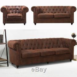 Vintage Distressed Tan Leather Chesterfield Sofa Settee 3 + 2 Seater + Armchair